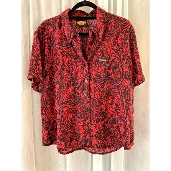 Harley-Davidson Tops - Harley Davidson Womens Shirt Black Red 100% Rayon Button-Up Eagle Floral XL